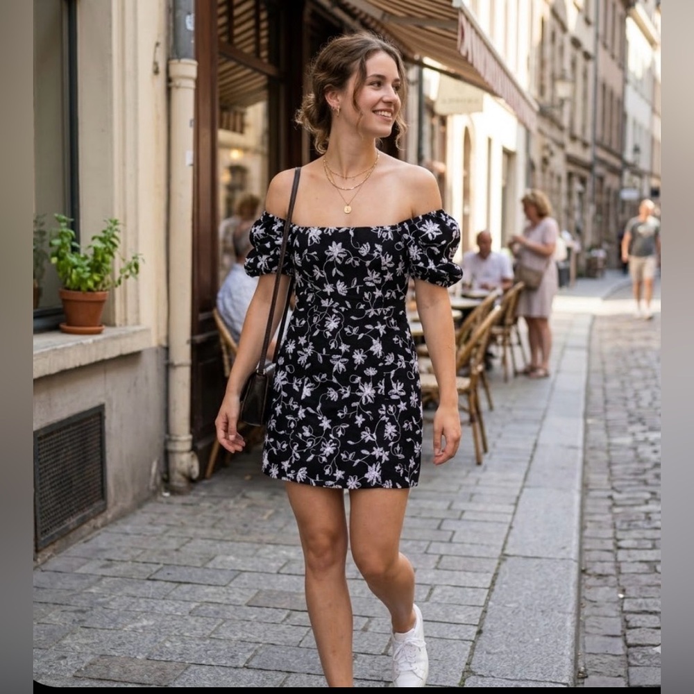 FRANCESCA’s Boutique | Blue Rain Puff Sleeve Black Floral Dress